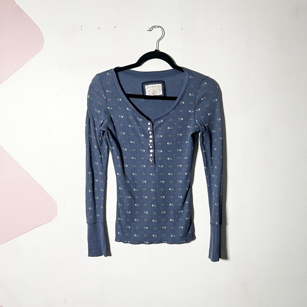 Elena Gilbert Long Sleeve Top Medium Blue Floral Henley Y2K 2000s
